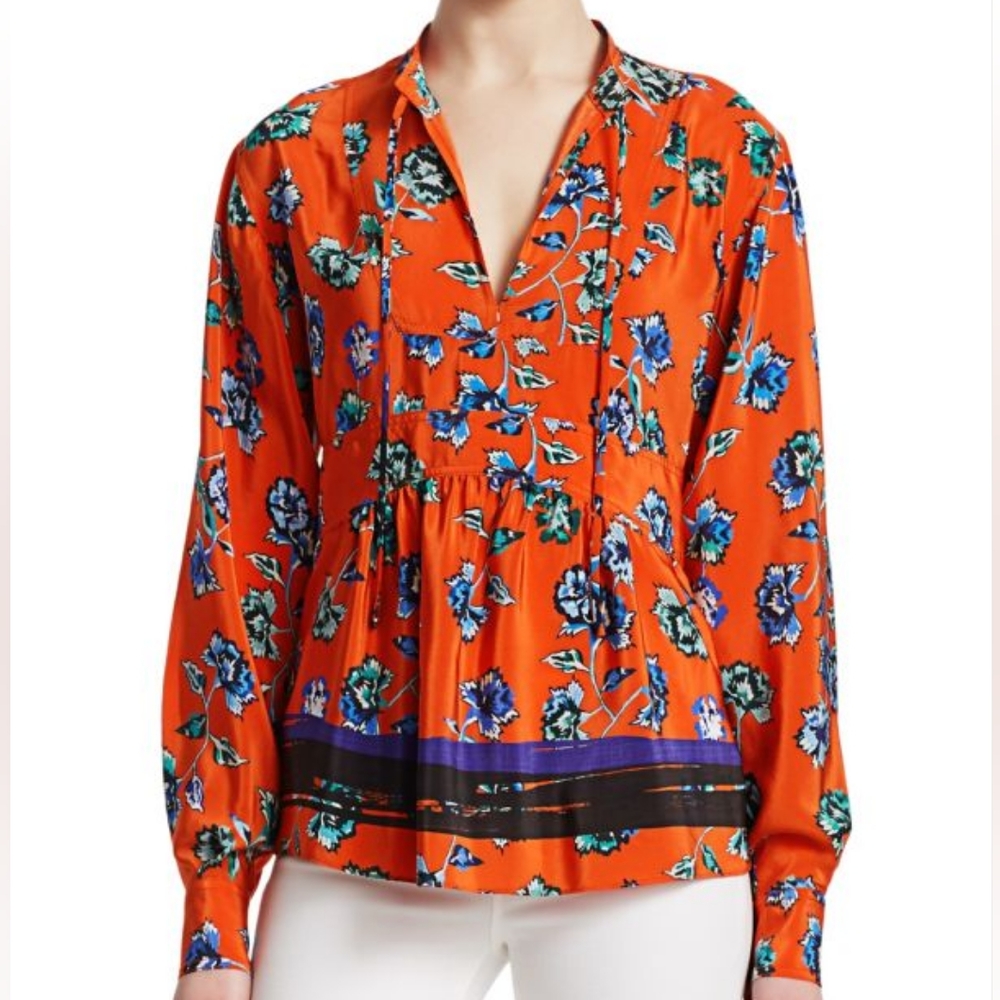 Derek Lam 10 Ctosby Red Orange Blue Green Floral Print Blouse Top Long Sleeve 8
